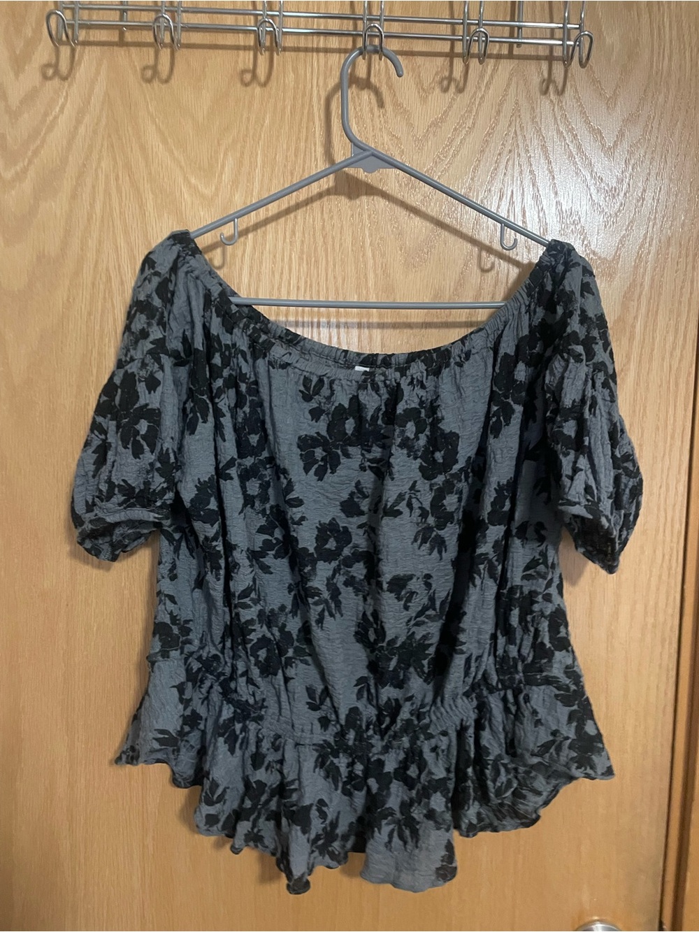 Free People Gray and Black Floral Off-Shoulder Peplum Top